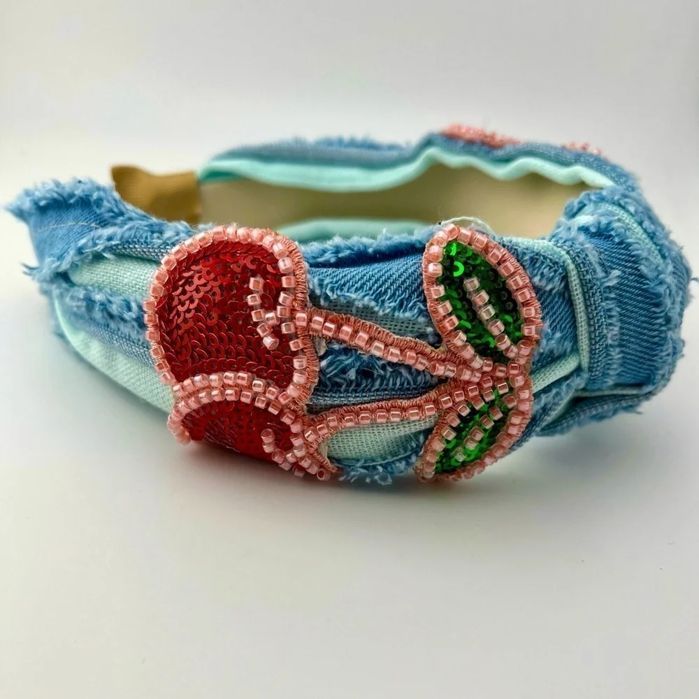 Embellished Denim Headband with Cherry Design NEW